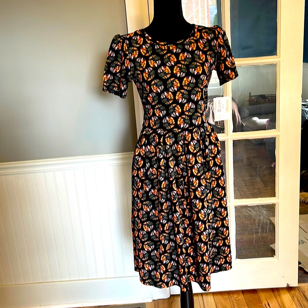 LuLaRoe Amelia Floral Circles on Black Dress NWT